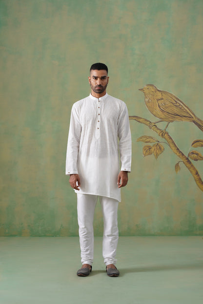 White Cotton Saddle Stitch Short Kurta