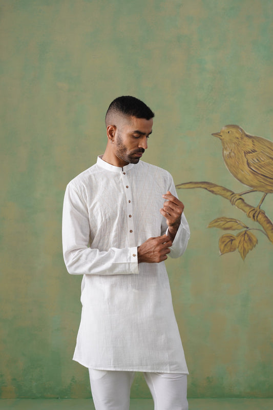 White Cotton Saddle Stitch Short Kurta