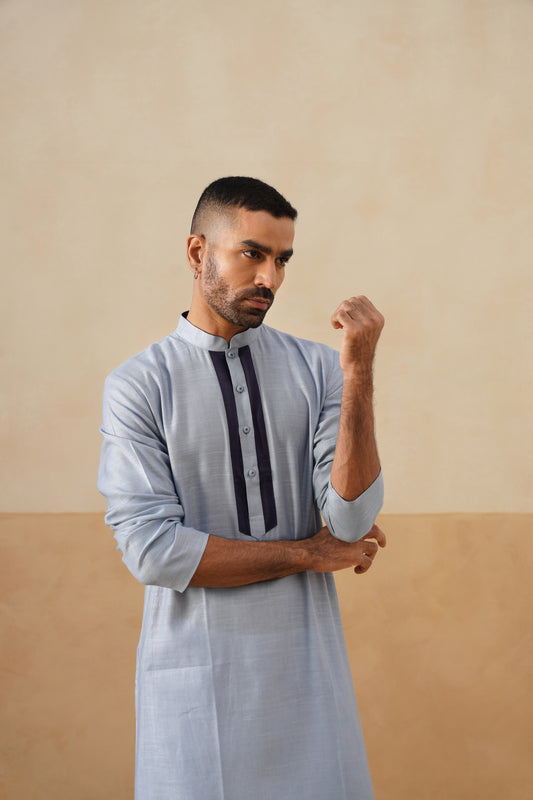 Powder Blue Kurta with Navy Placket Detailing