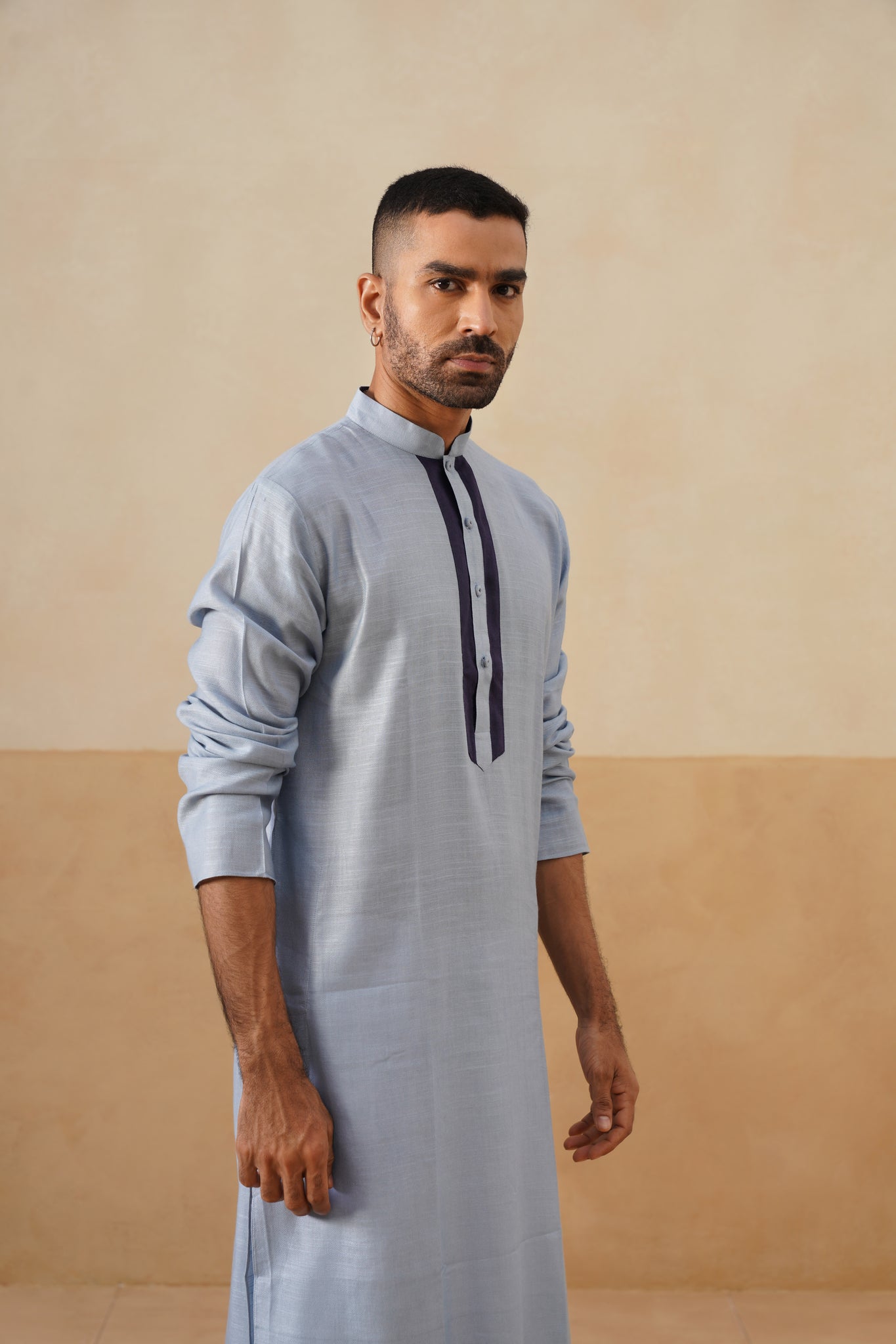 Powder Blue Kurta with Navy Placket Detailing
