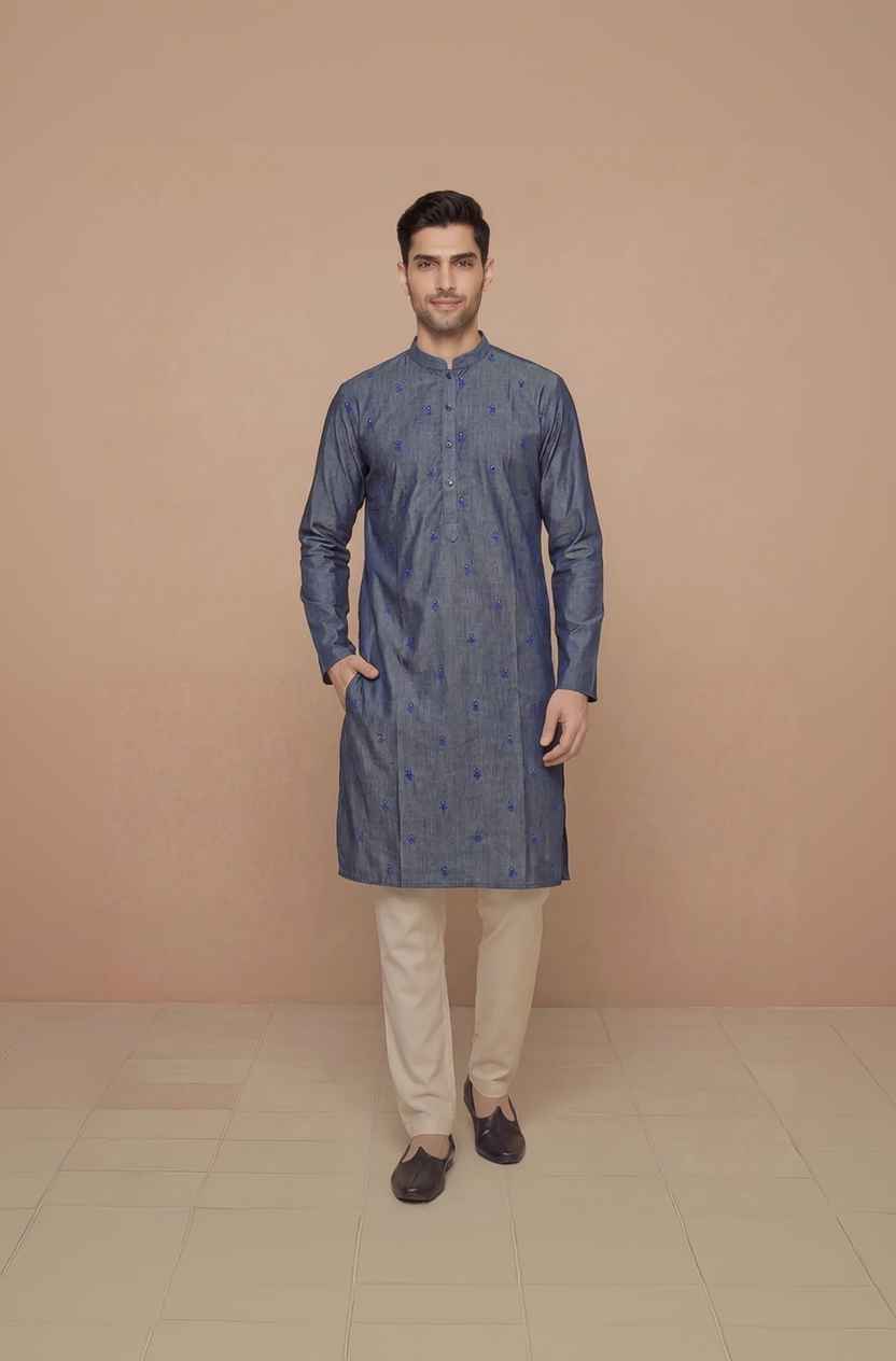 Navy Blue Embroidered Kurta Set