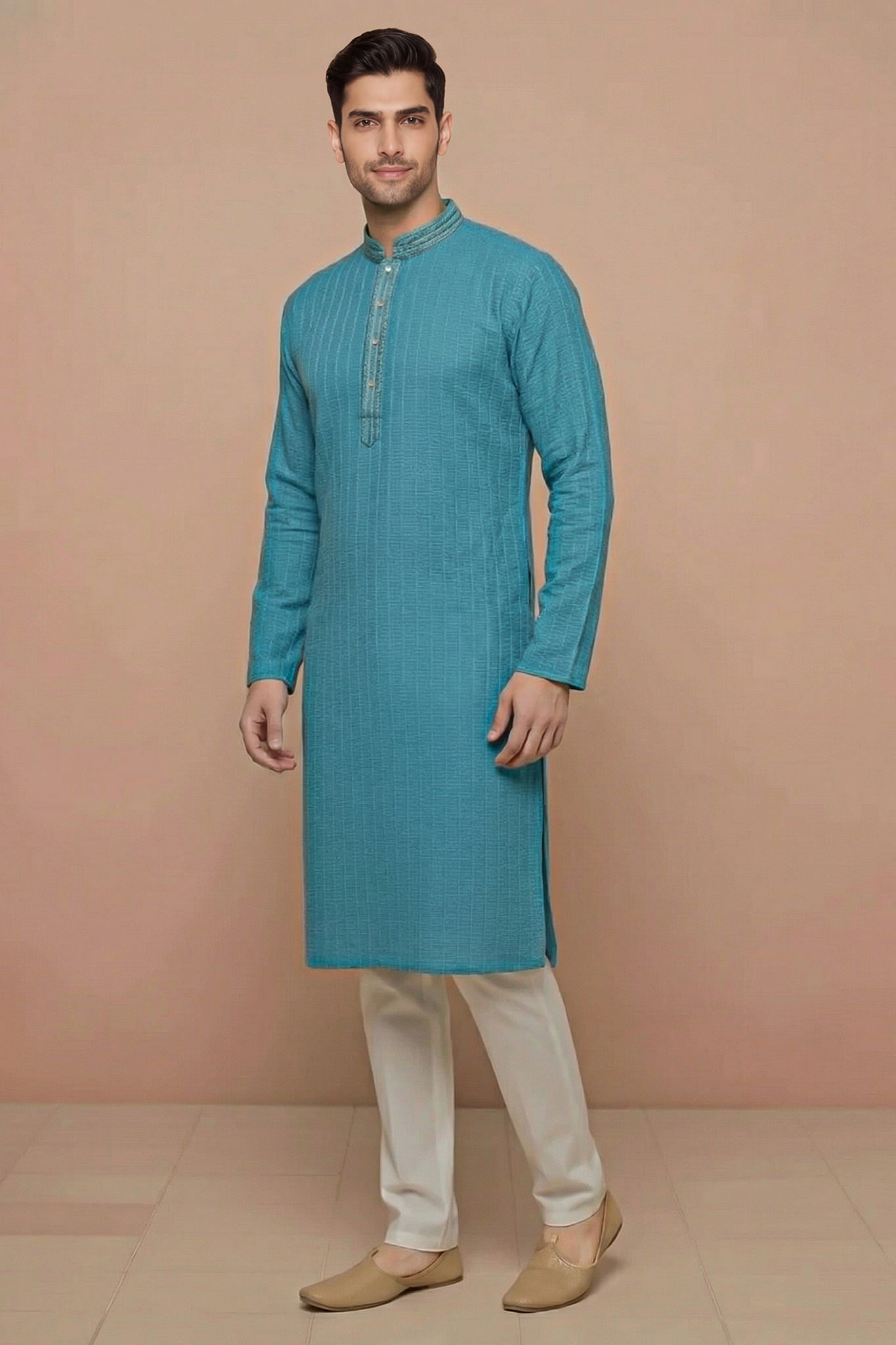 Teal Textured Cotton Kurta with Embroidered Placket