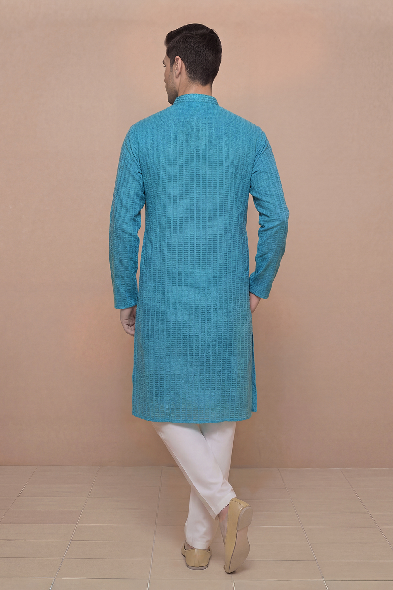 Teal Textured Cotton Kurta with Embroidered Placket