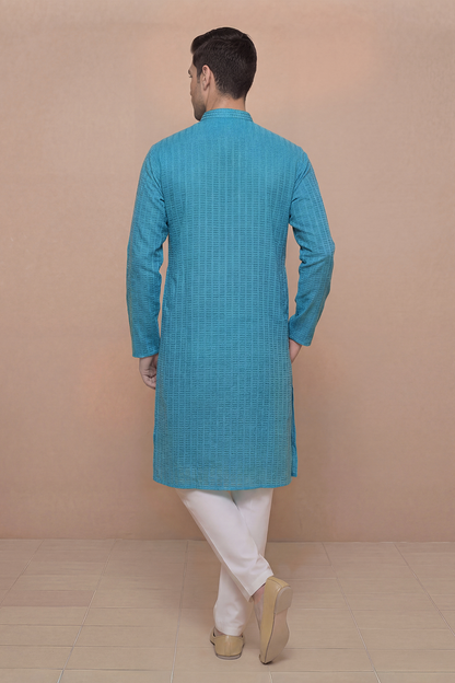 Teal Textured Cotton Kurta with Embroidered Placket
