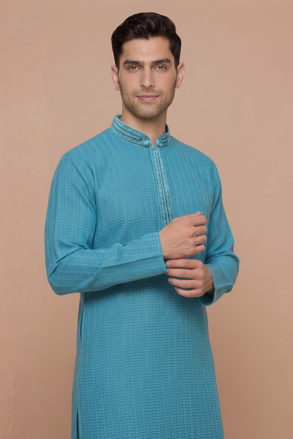 Teal Textured Cotton Kurta with Embroidered Placket