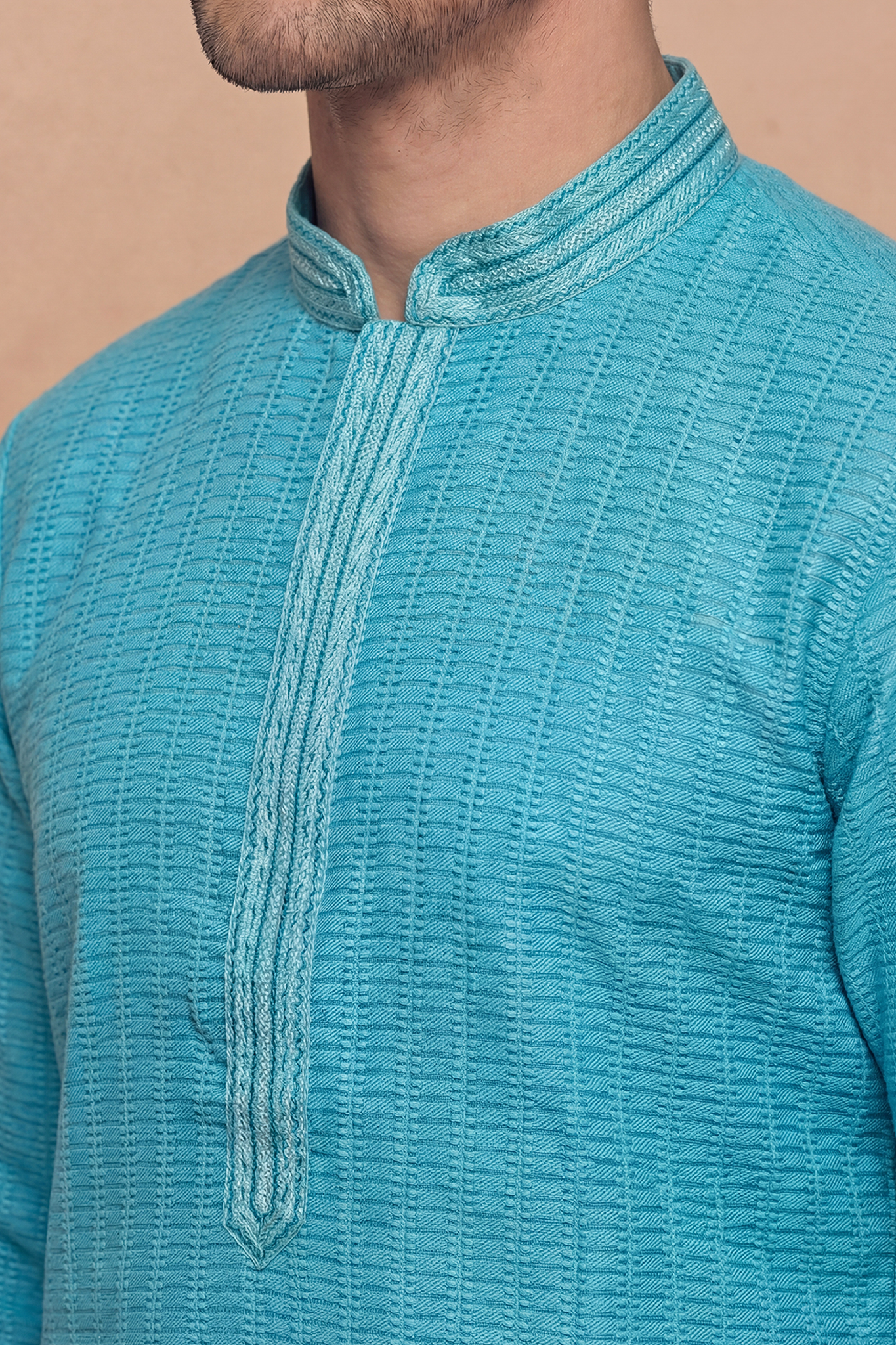 Teal Textured Cotton Kurta with Embroidered Placket