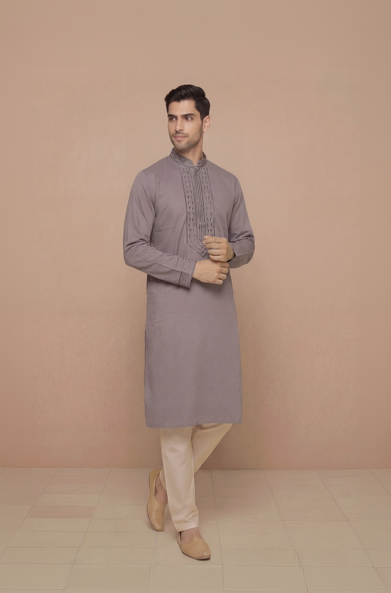 Grey Solid Kurta Set with Tonal Embroidered Placket
