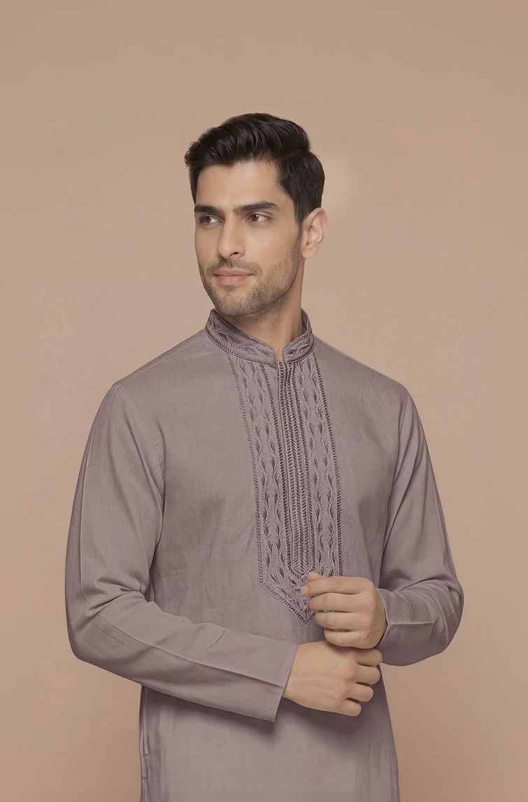 Grey Solid Kurta Set with Tonal Embroidered Placket