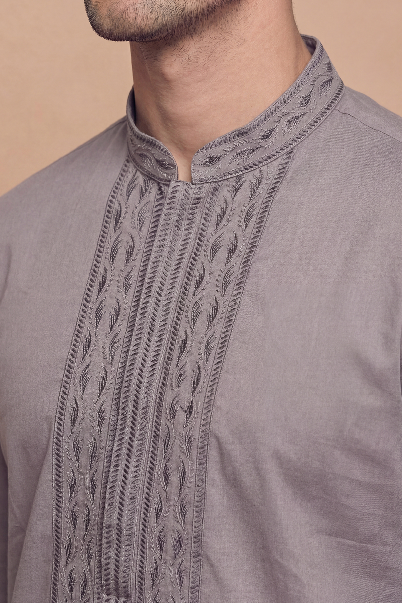 Grey Solid Kurta Set with Tonal Embroidered Placket