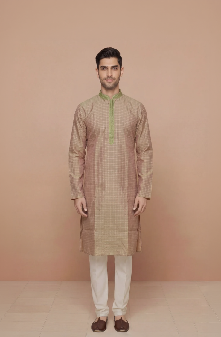 Dusty Rose Checkered Kurta Set with Olive Embroidered Placket