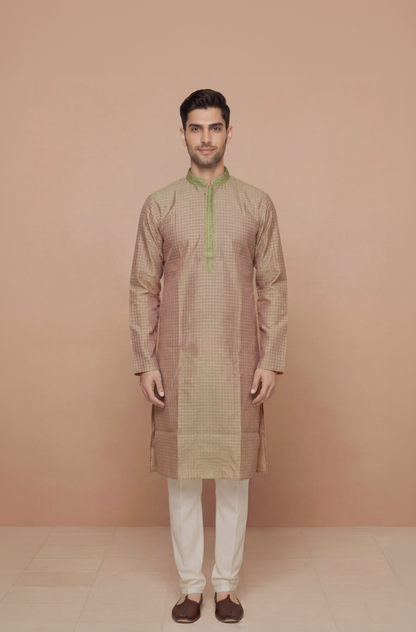 Dusty Rose Checkered Kurta Set with Olive Embroidered Placket