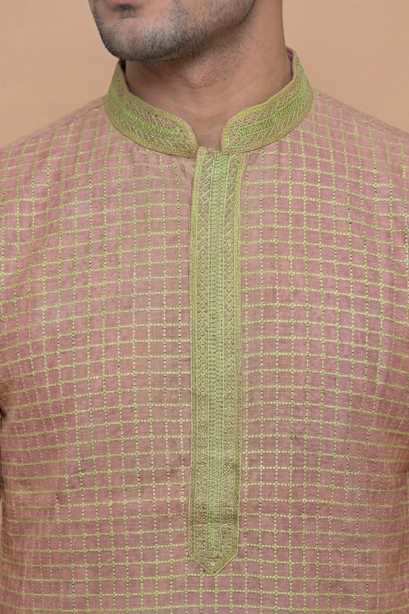 Dusty Rose Checkered Kurta Set with Olive Embroidered Placket