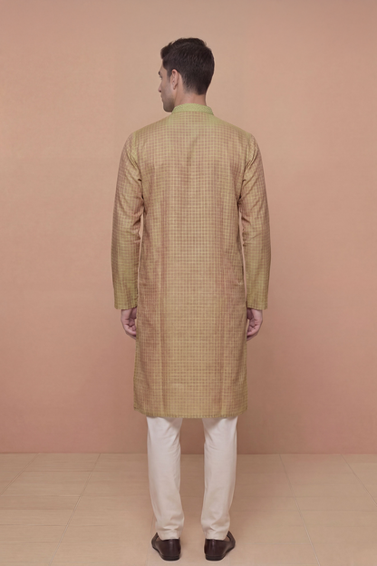 Dusty Rose Checkered Kurta Set with Olive Embroidered Placket