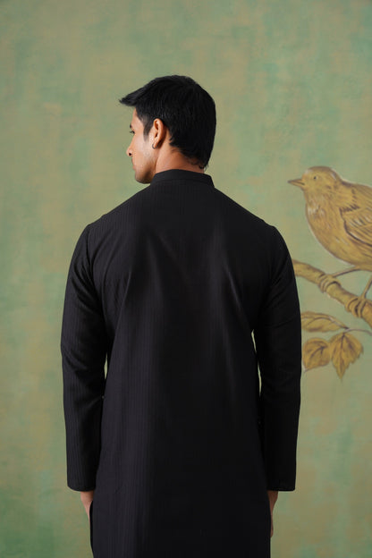 Black Pintex Kurta Set with Mandarin Collar