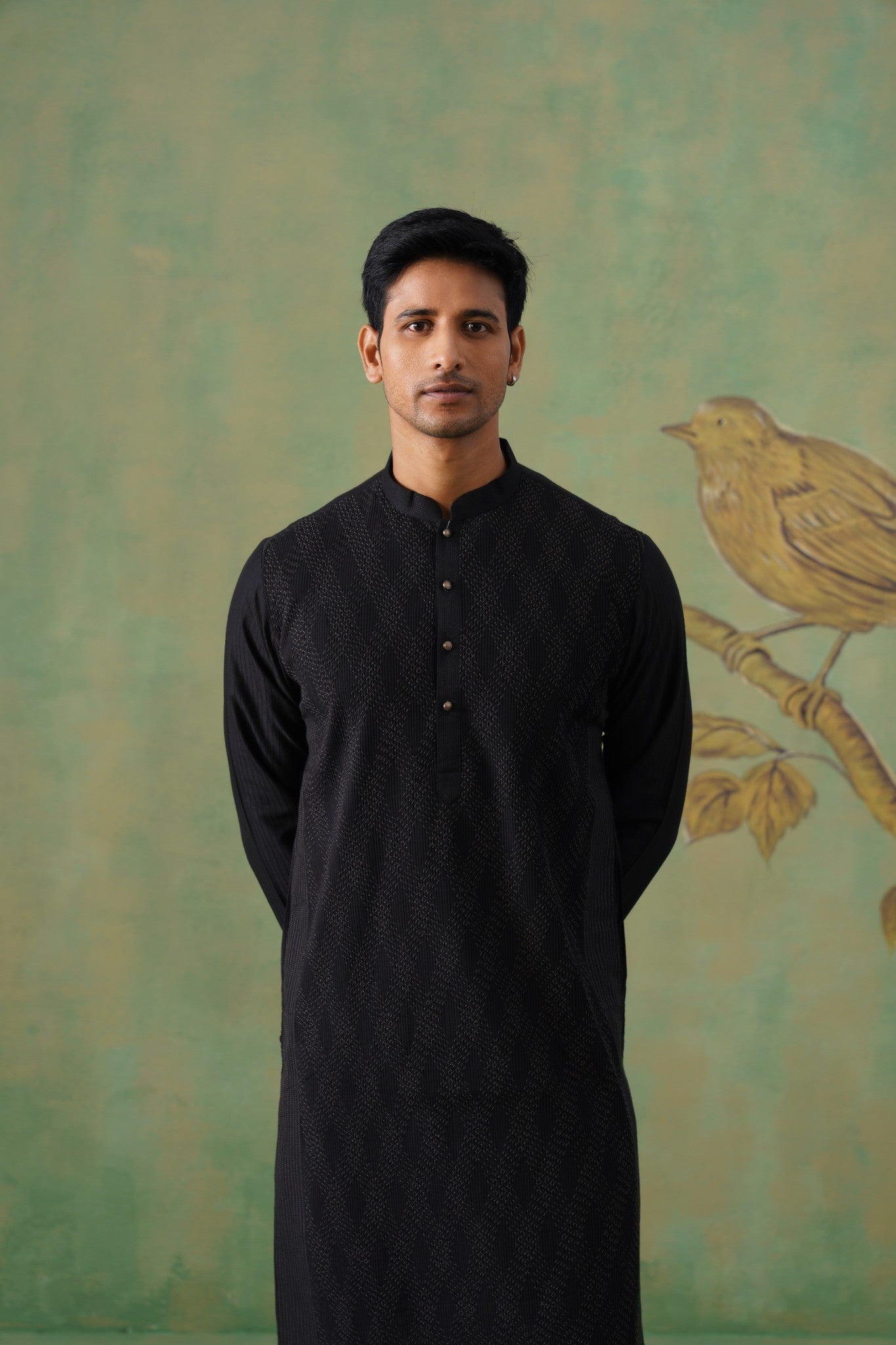 Black Pintex Kurta Set with Mandarin Collar
