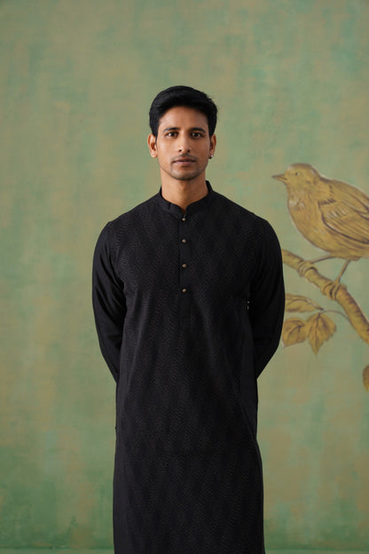Black Pintex Kurta Set with Mandarin Collar