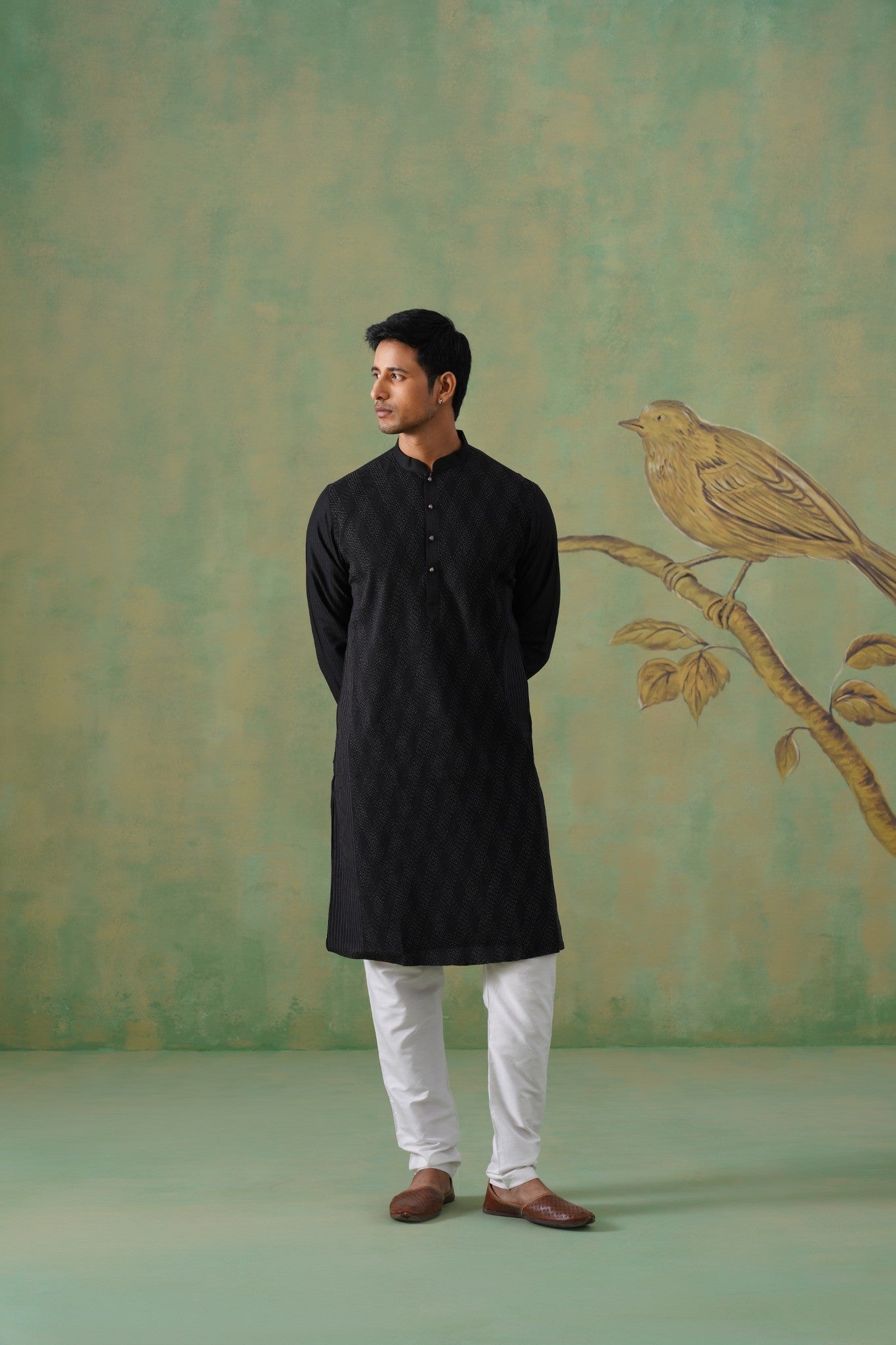 Black Pintex Kurta Set with Mandarin Collar