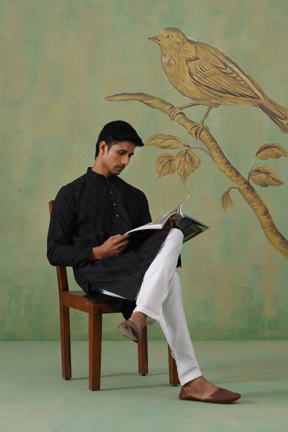 Black Pintex Kurta Set with Mandarin Collar