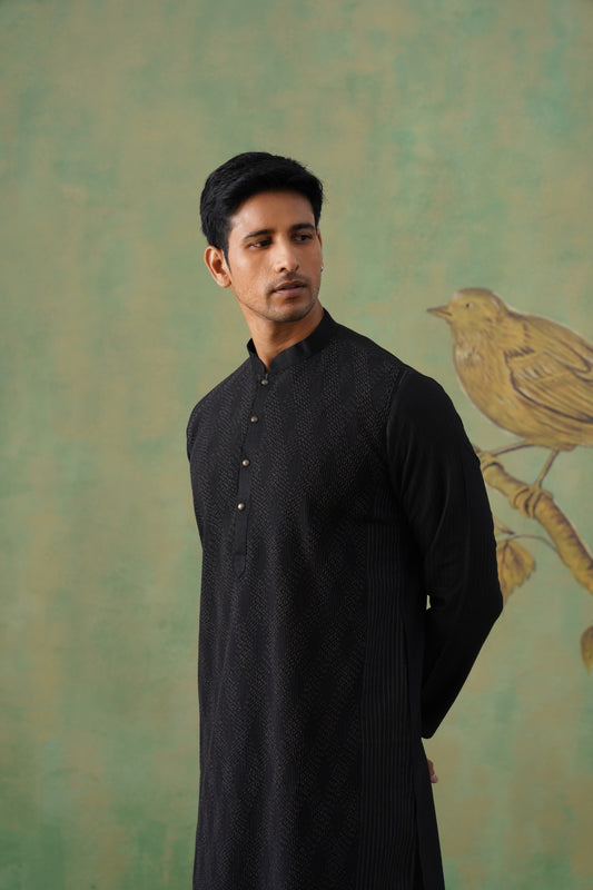 Black Pintex Kurta Set with Mandarin Collar