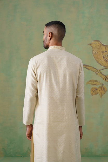Ivory Jacquard Kurta Set with Hand-Embroidery
