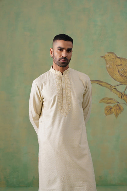 Ivory Jacquard Kurta Set with Hand-Embroidery