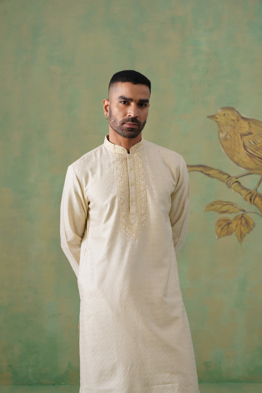 Ivory Jacquard Kurta Set with Hand-Embroidery