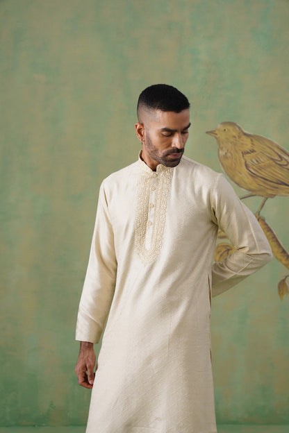 Ivory Jacquard Kurta Set with Hand-Embroidery