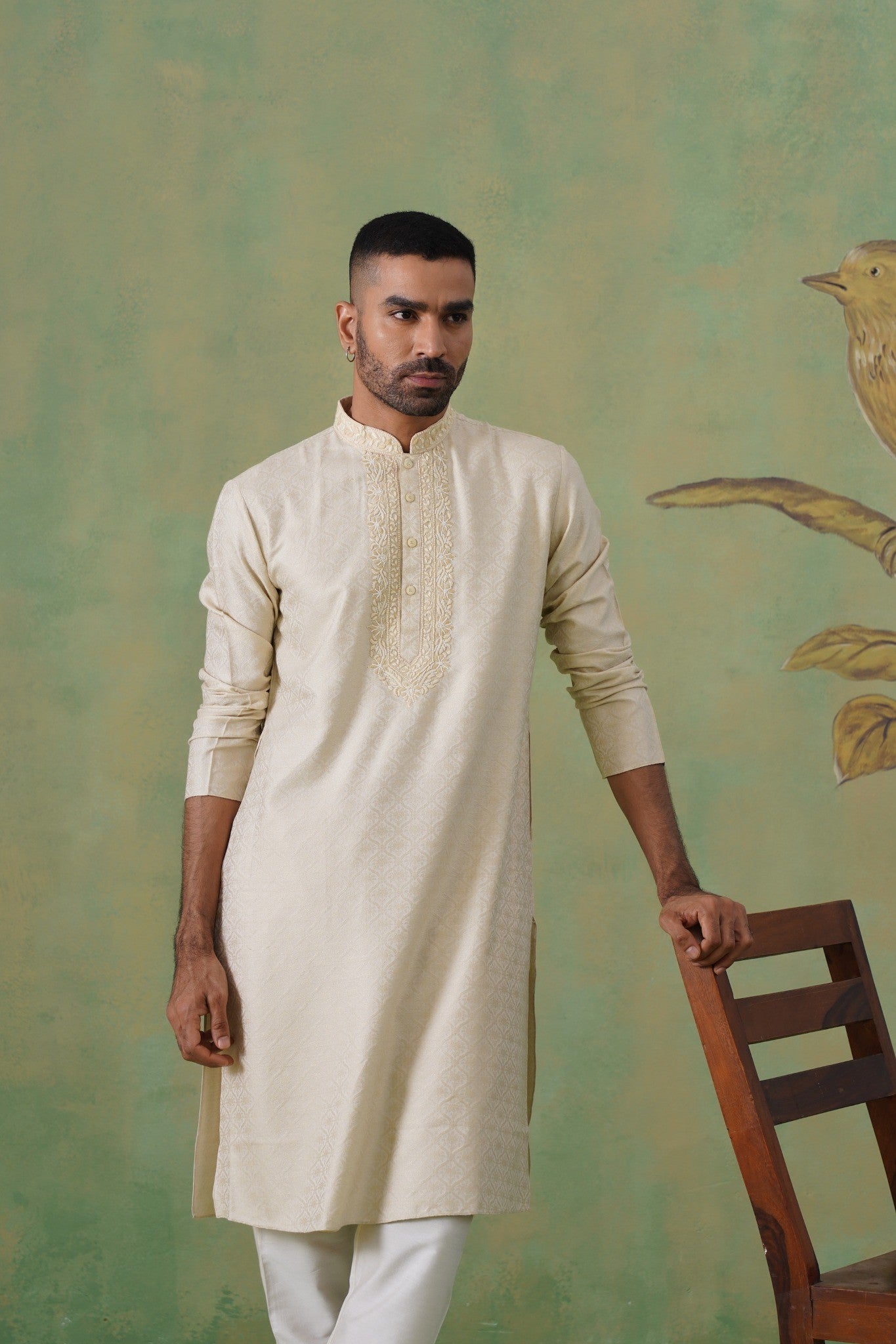 Ivory Jacquard Kurta Set with Hand-Embroidery