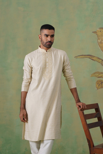 Ivory Jacquard Kurta Set with Hand-Embroidery