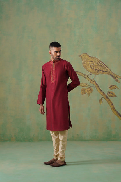 Maroon Jacquard Kurta Set with Hand Embroidery