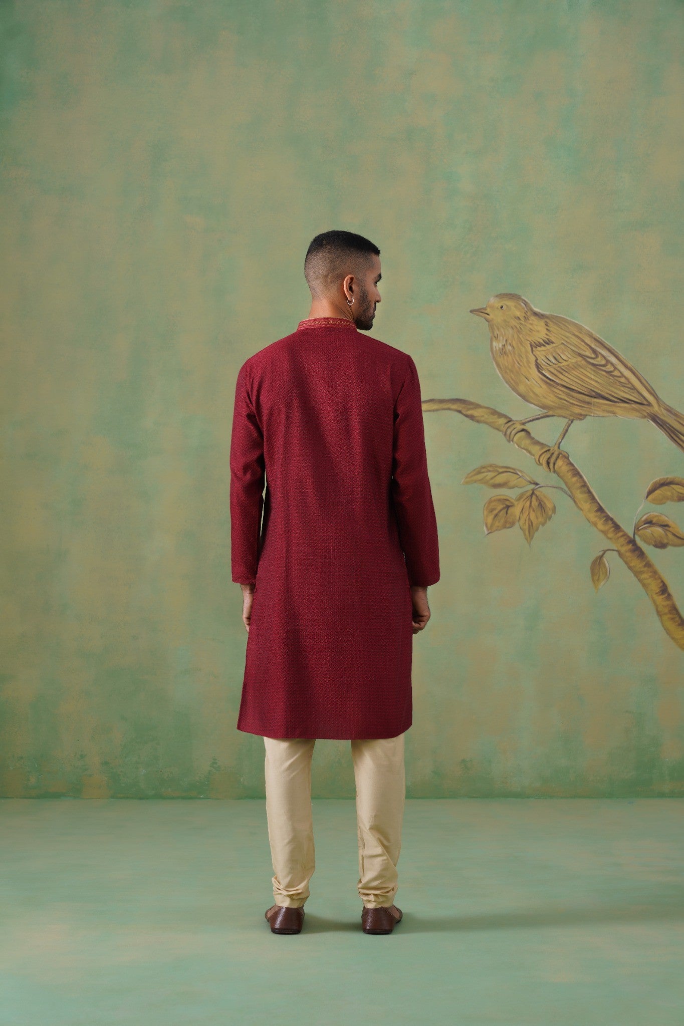 Maroon Jacquard Kurta Set with Hand Embroidery