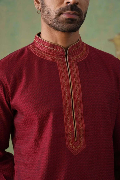 Maroon Jacquard Kurta Set with Hand Embroidery
