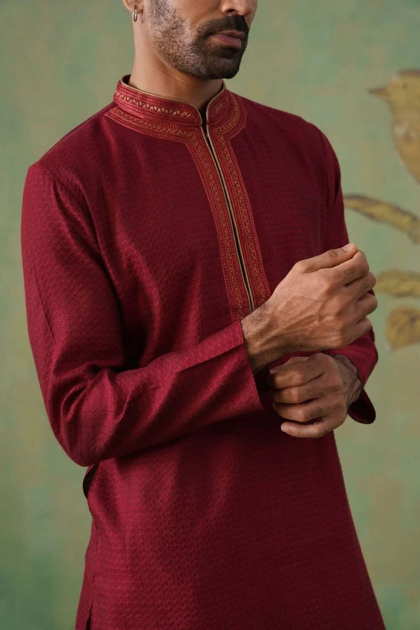 Maroon Jacquard Kurta Set with Hand Embroidery
