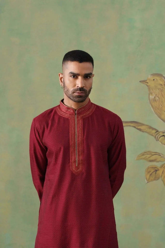 Maroon Jacquard Kurta Set with Hand Embroidery