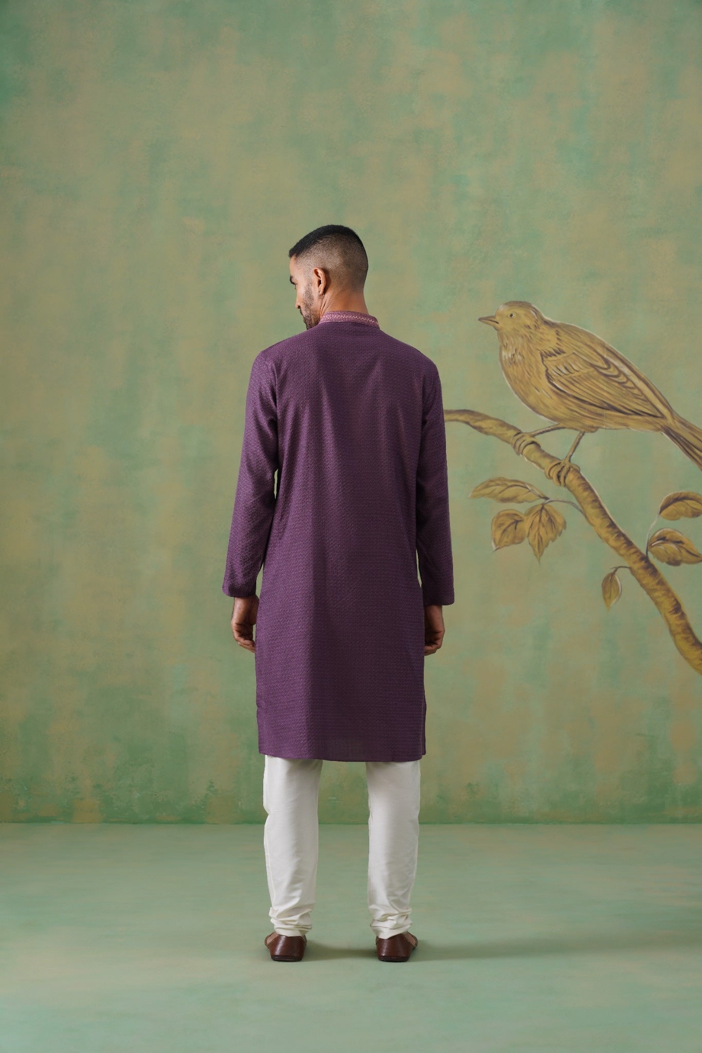 Purple Jacquard Kurta Set with Hand Embroidery