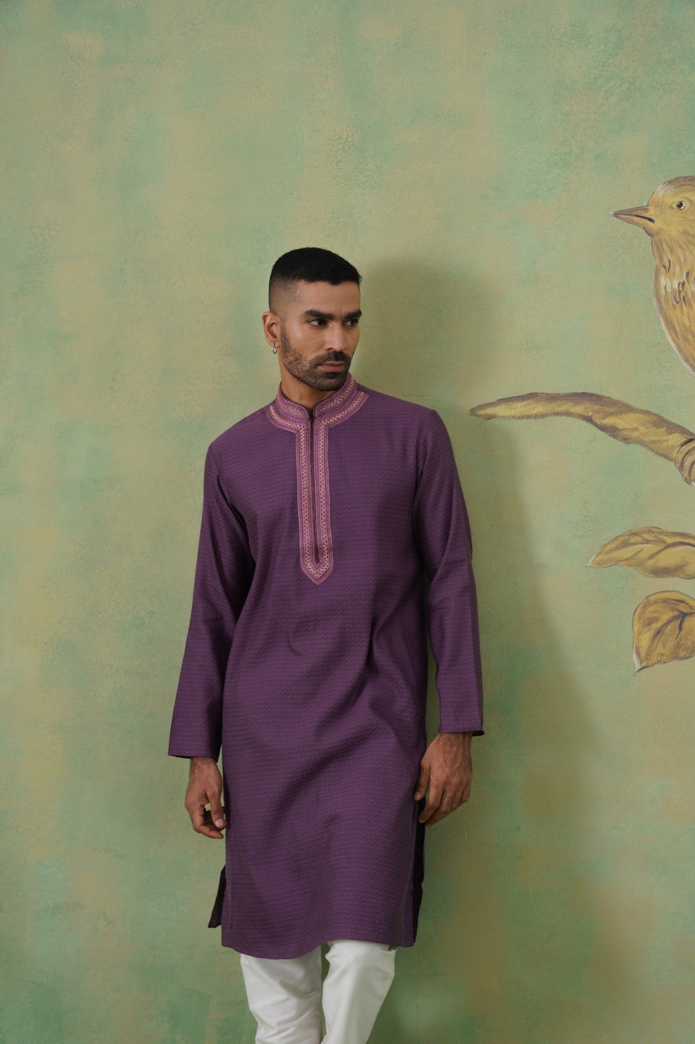 Purple Jacquard Kurta Set with Hand Embroidery