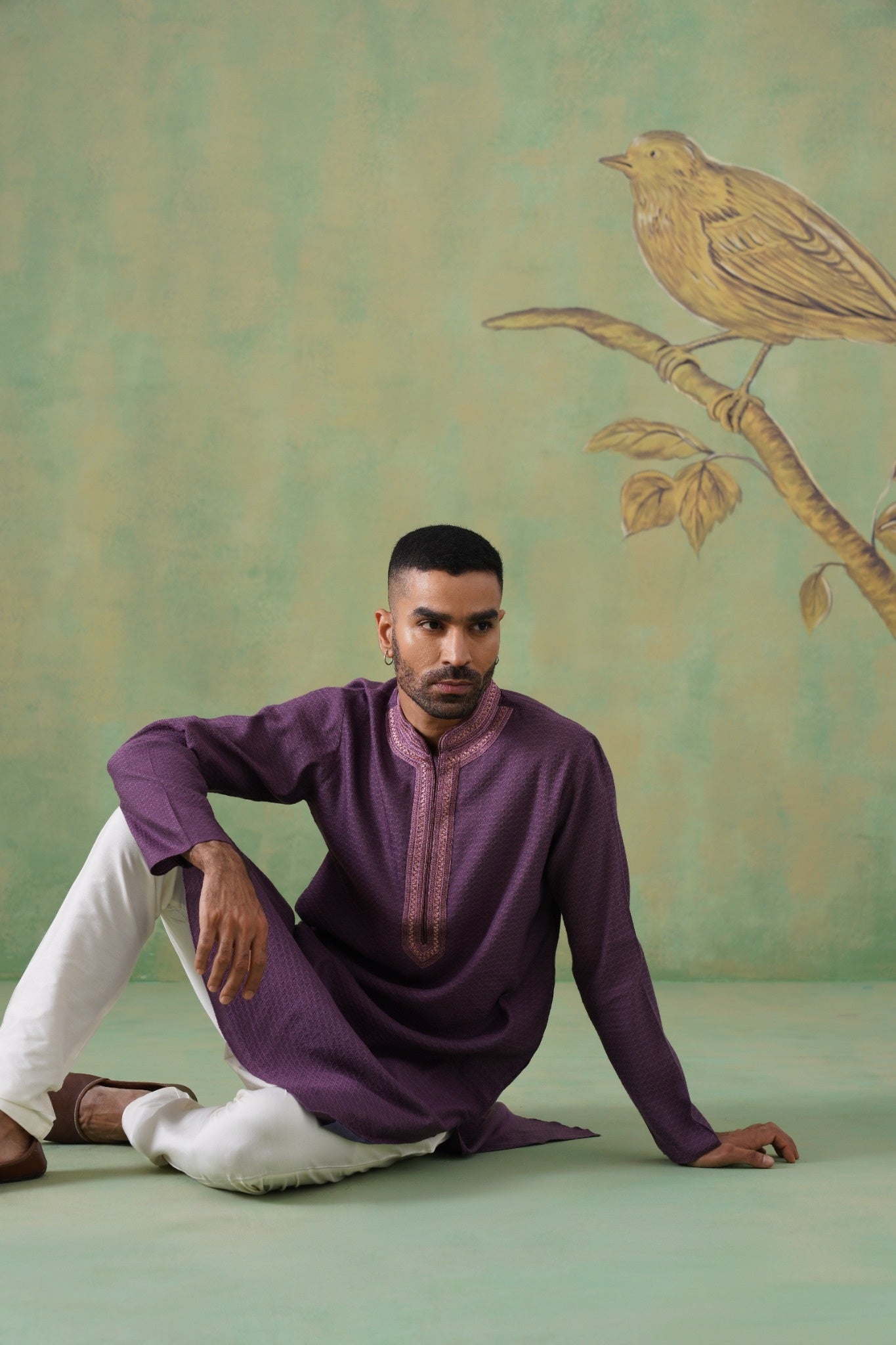 Purple Jacquard Kurta Set with Hand Embroidery