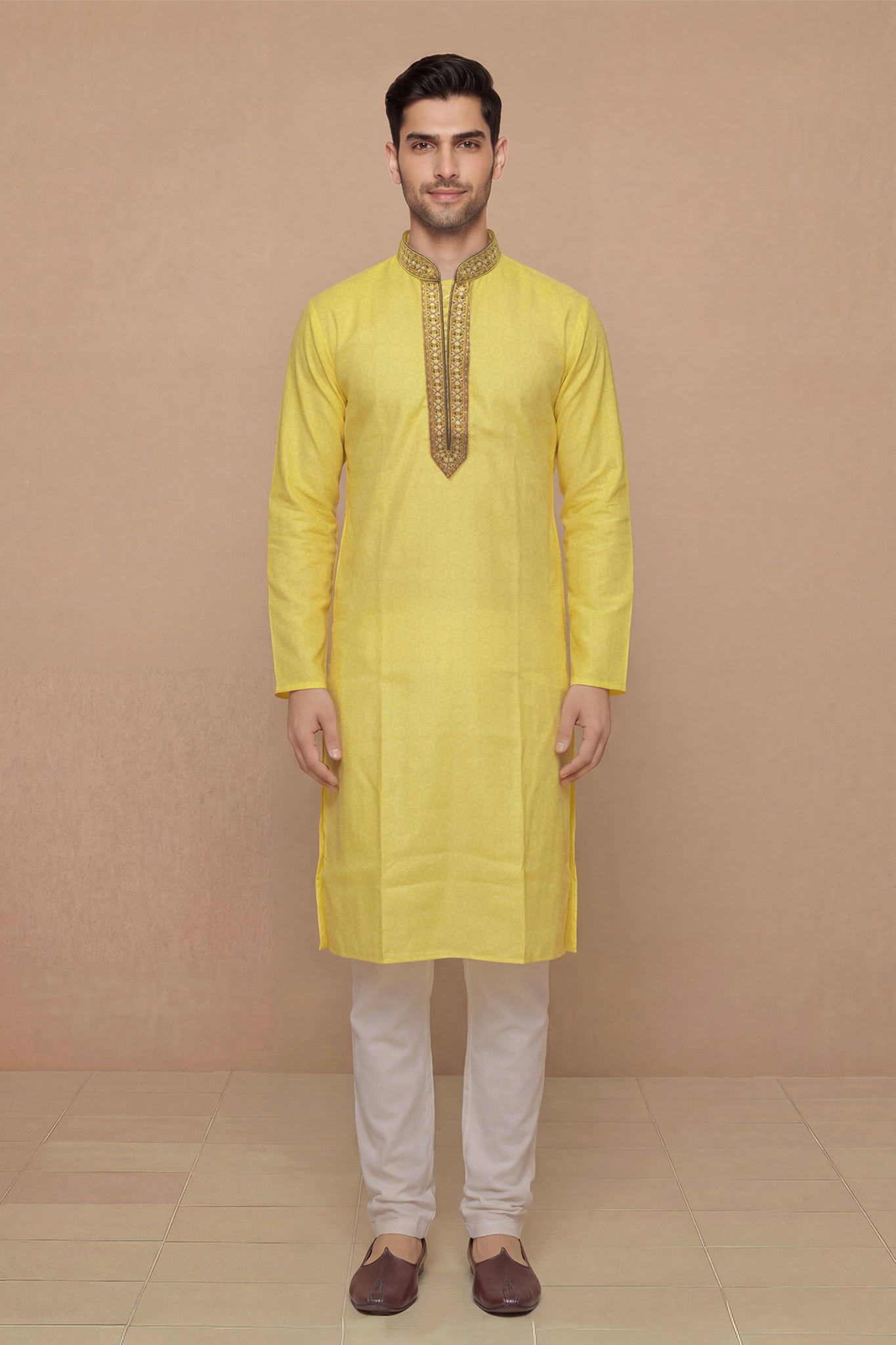 Mustard Yellow Textured Kurta Set with Brocade Placket