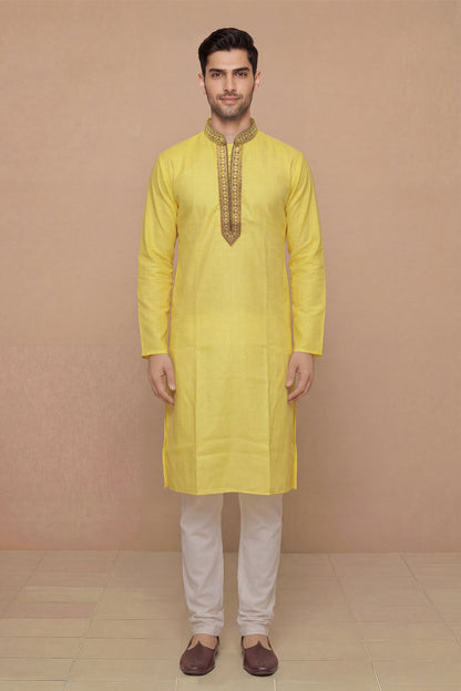 Mustard Yellow Textured Kurta Set with Brocade Placket