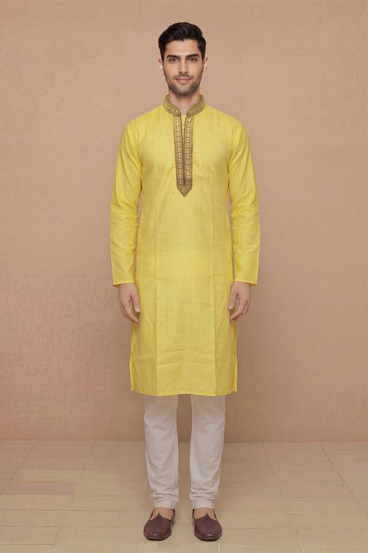 Mustard Yellow Textured Kurta Set with Brocade Placket