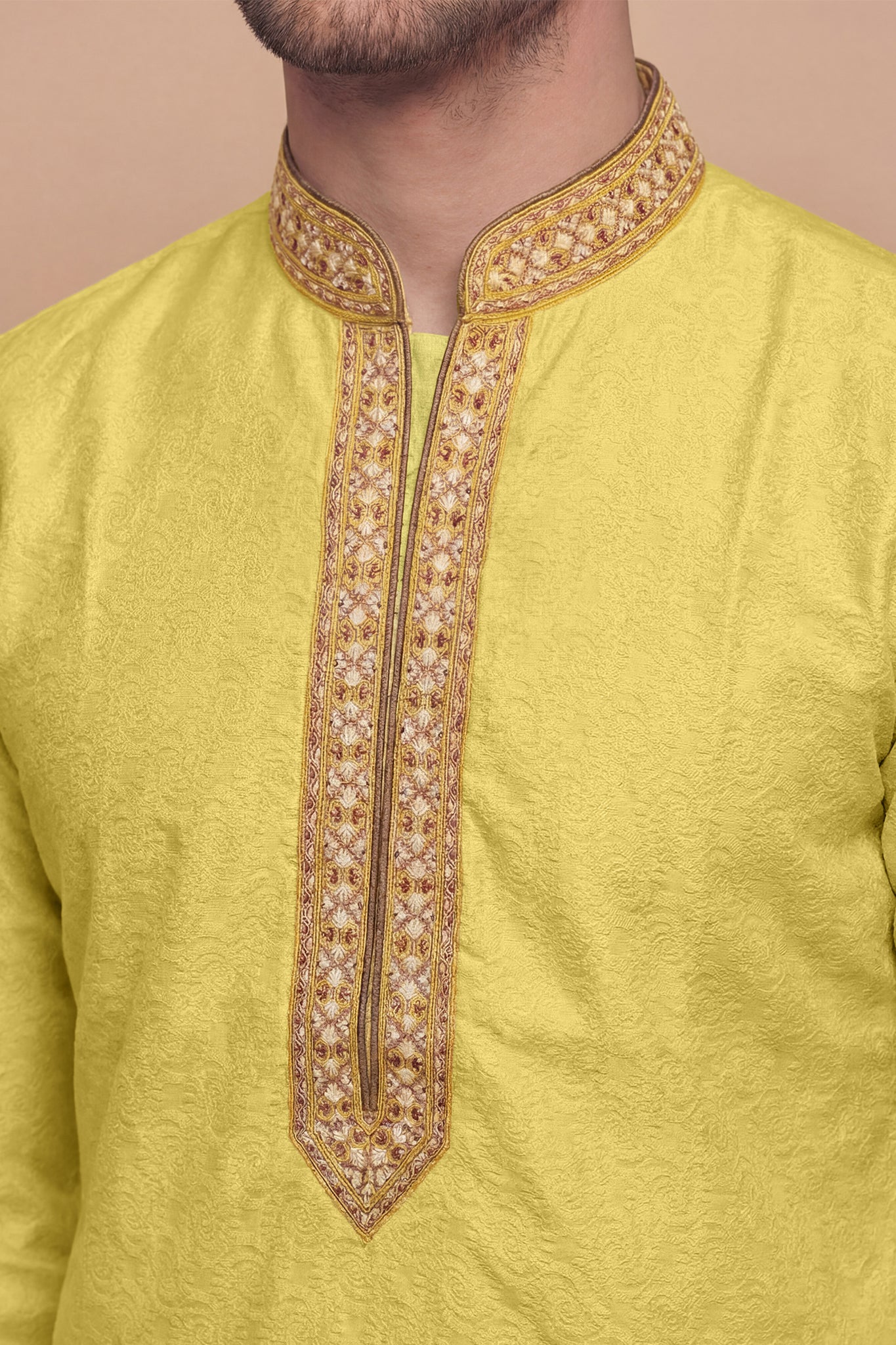 Mustard Yellow Textured Kurta Set with Brocade Placket