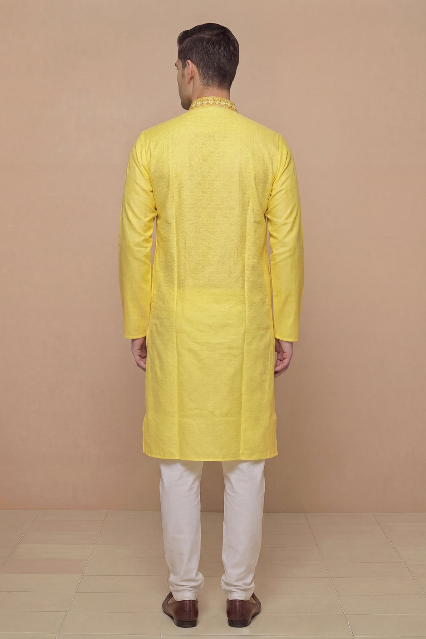 Mustard Yellow Textured Kurta Set with Brocade Placket