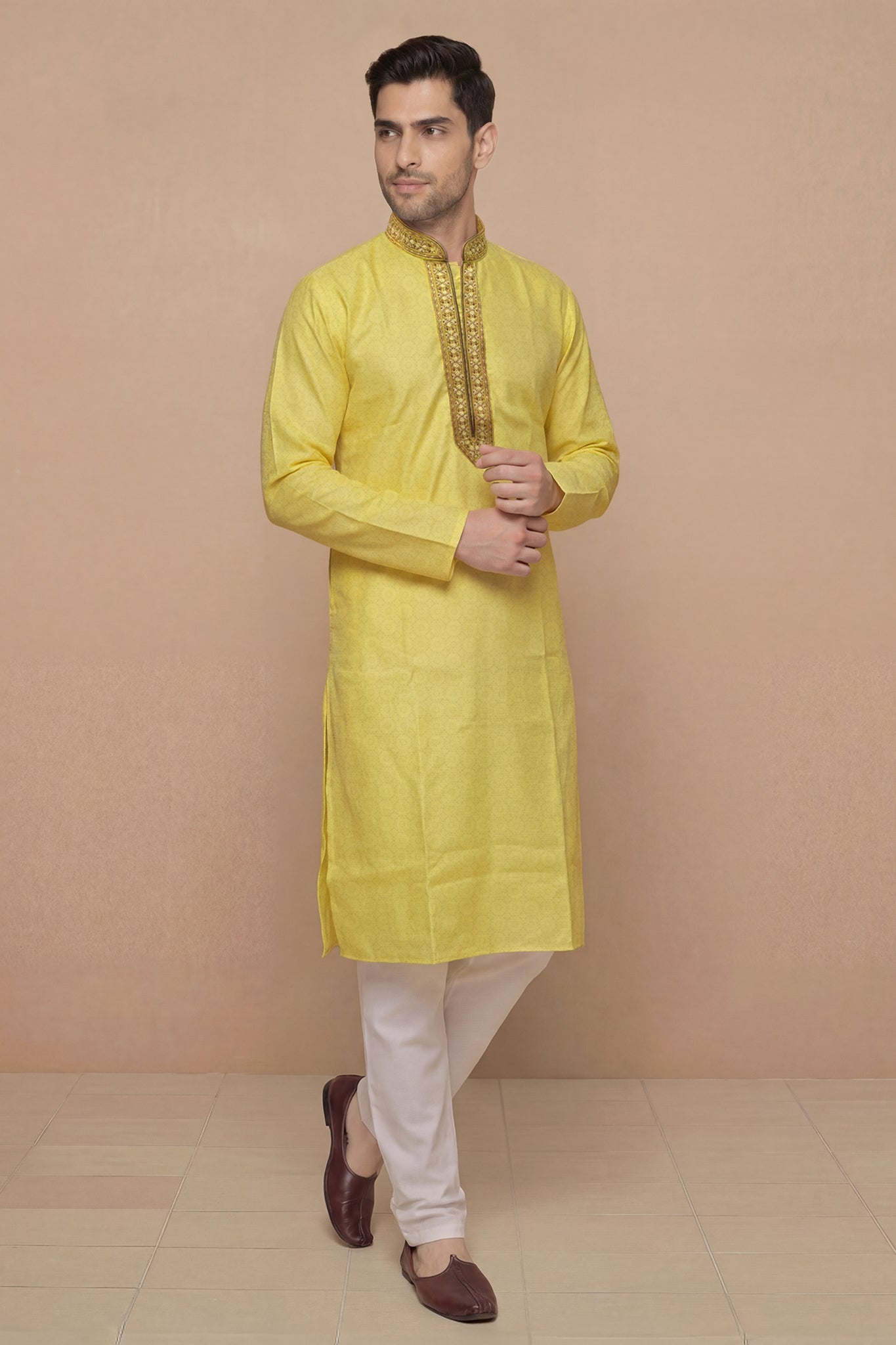 Mustard Yellow Textured Kurta Set with Brocade Placket