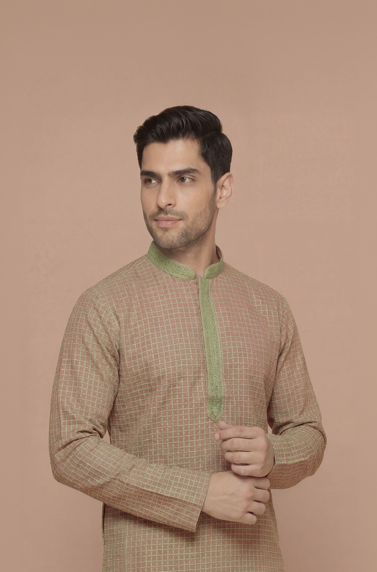 Dusty Rose Checkered Kurta Set with Olive Embroidered Placket