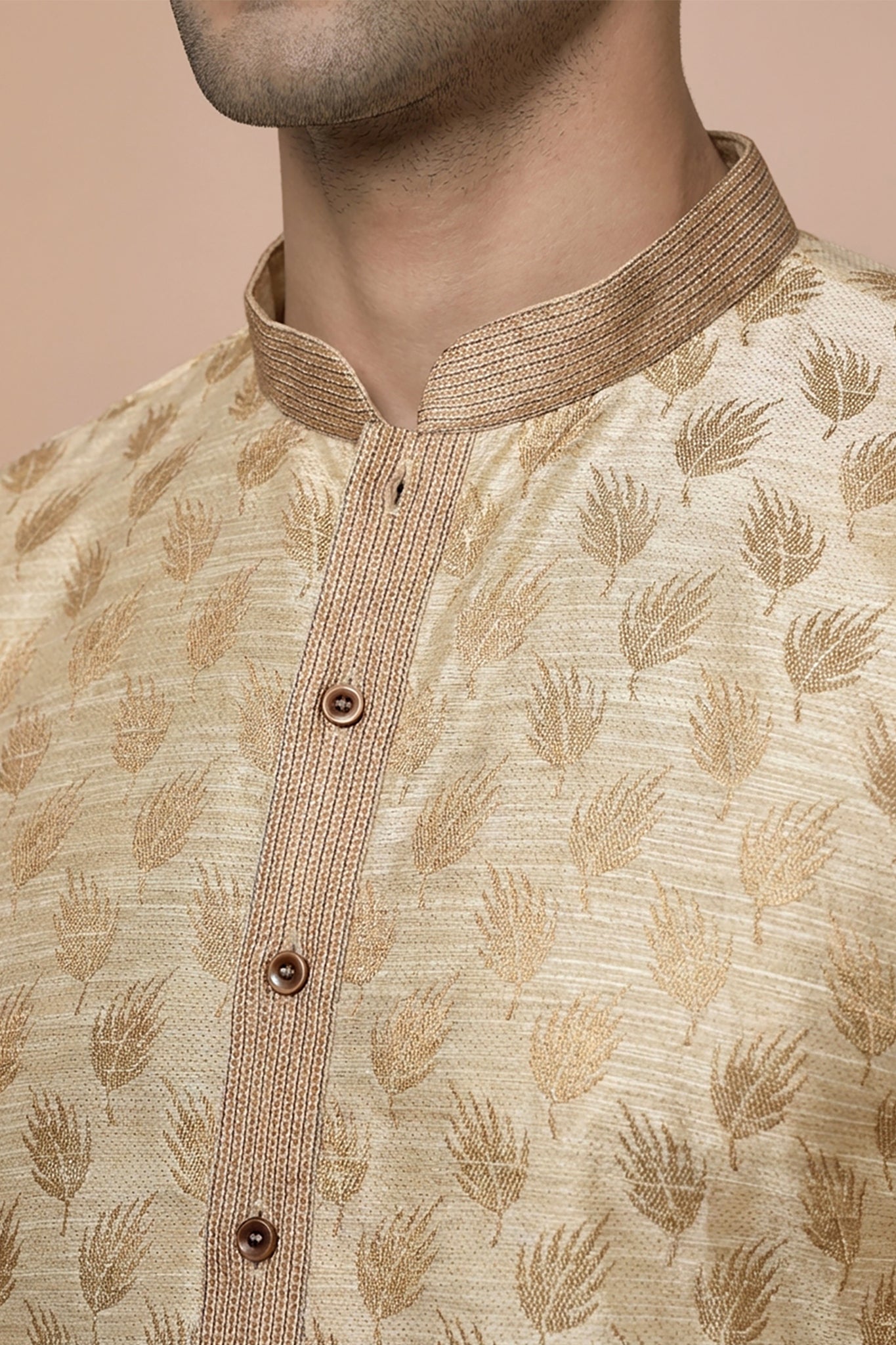 Cream Leaf Motif Jacquard Kurta Set