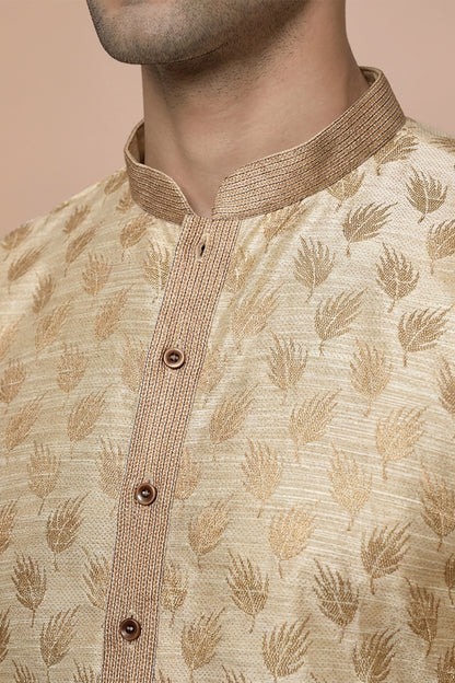 Cream Leaf Motif Jacquard Kurta Set