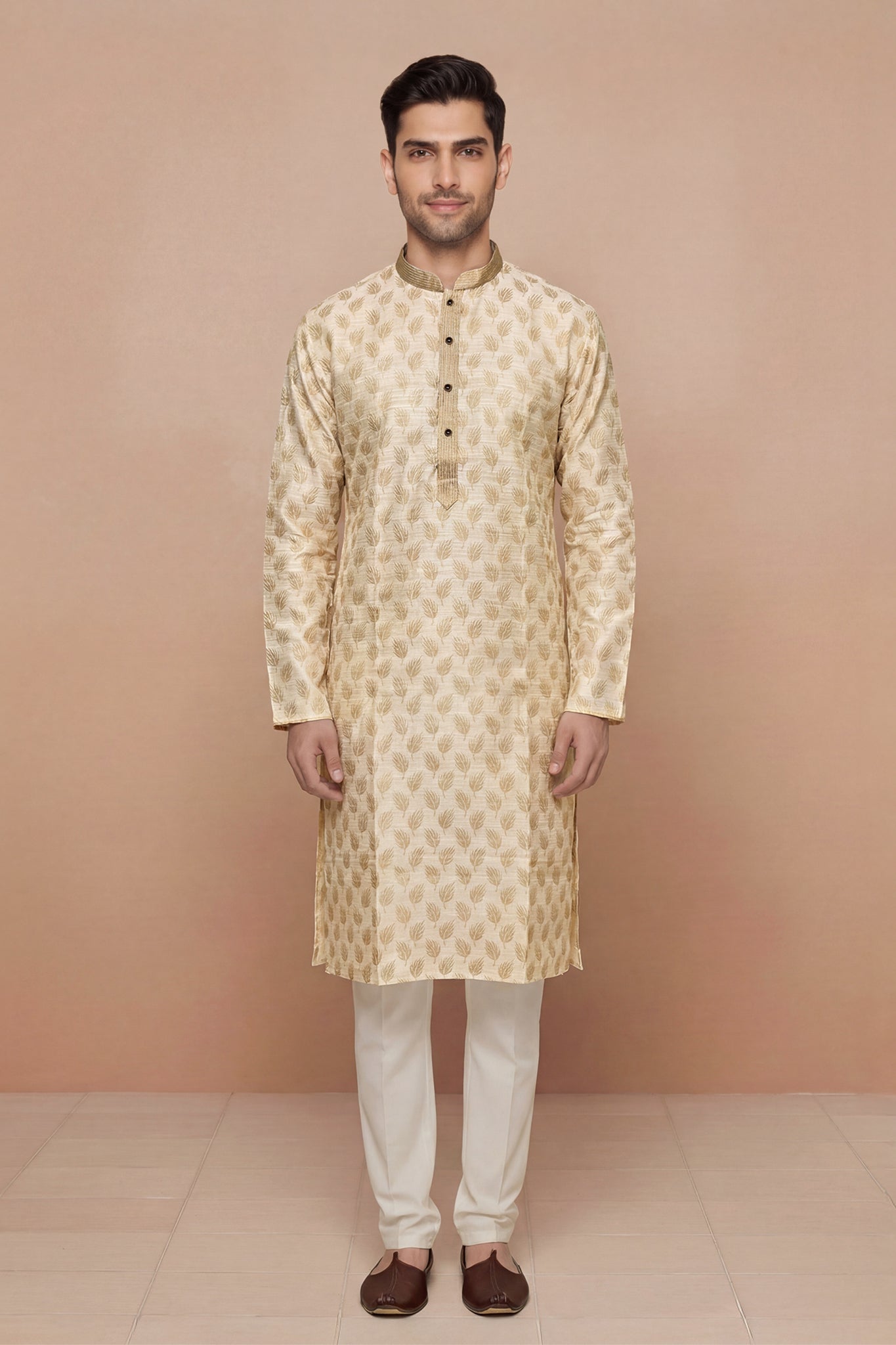Cream Leaf Motif Jacquard Kurta Set