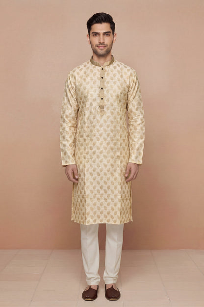 Cream Leaf Motif Jacquard Kurta Set