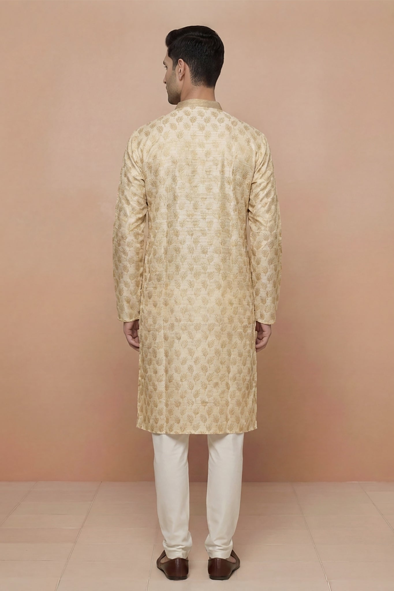 Cream Leaf Motif Jacquard Kurta Set