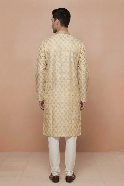 Cream Leaf Motif Jacquard Kurta Set